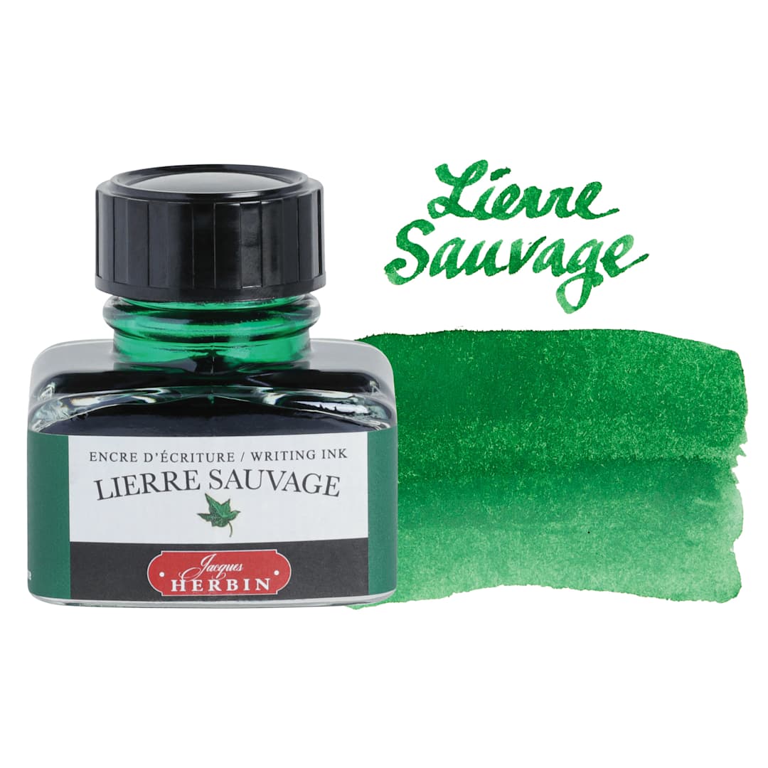 Open in modal - Herbin La Perle des Encres The Jewel of Inks Fountain Pen Ink - Lierre Sauvage (Wild Ivy), 30 ml bottle with swatch