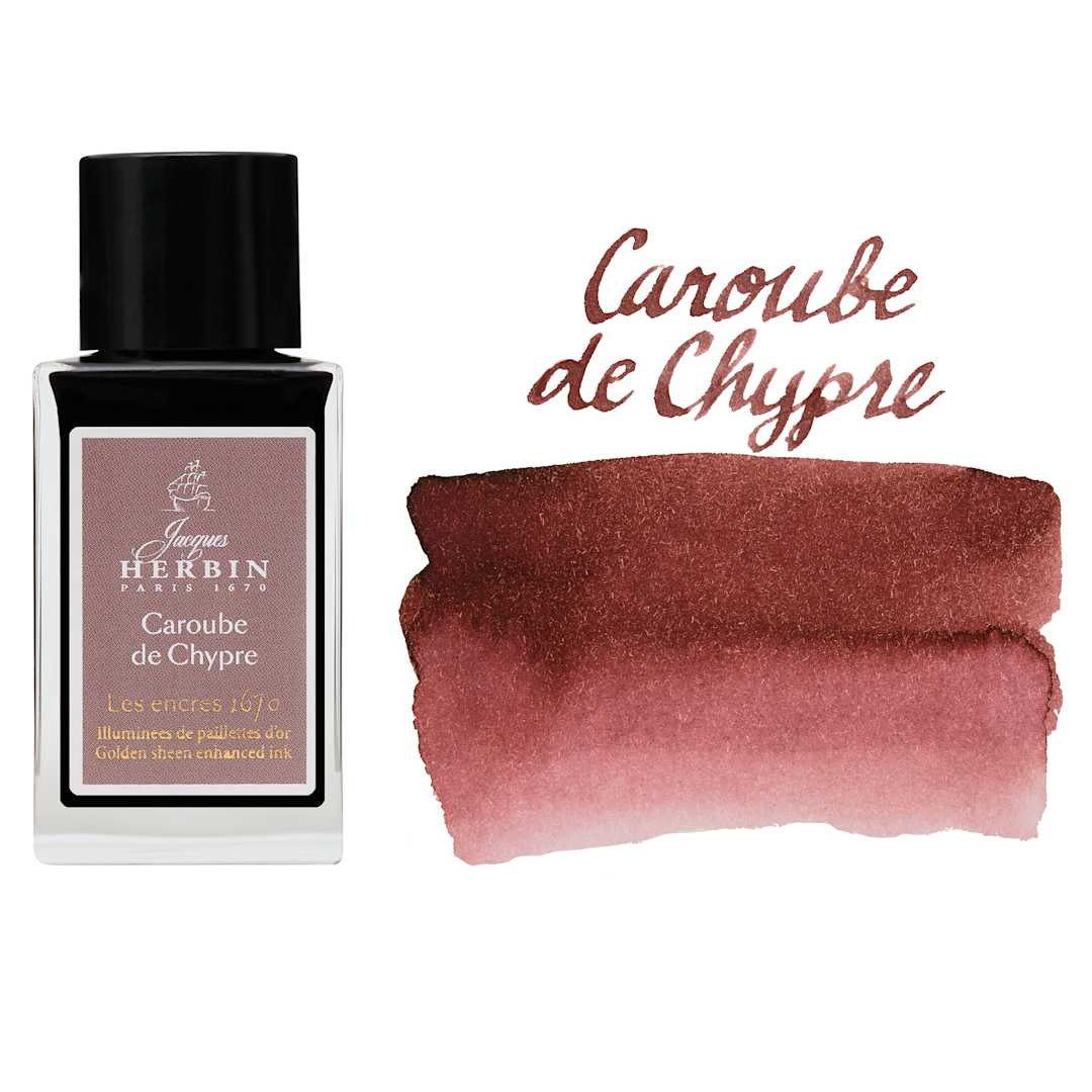 Open in modal - Herbin 1670 Anniversary Collection Fountain Pen Ink - Caroube de Chypre, 15 ml bottle with swatch
