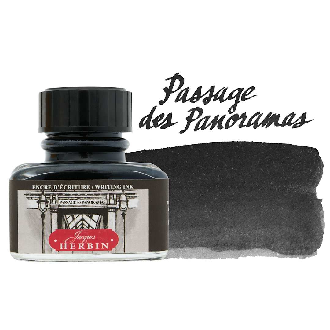 Open in modal - Herbin Paris Collection Fountain Pen Ink - Passage des Panoramas (Off-Black), 30 ml bottle with swatch