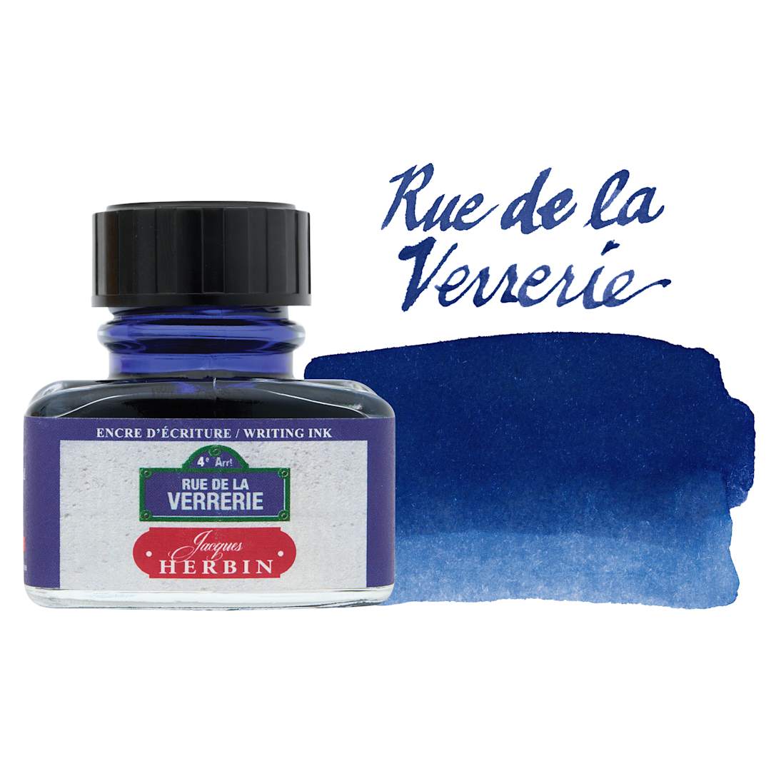 Open in modal - Herbin Paris Collection Fountain Pen Ink - Rue de la Verrerie (Blue), 30 ml bottle with swatch
