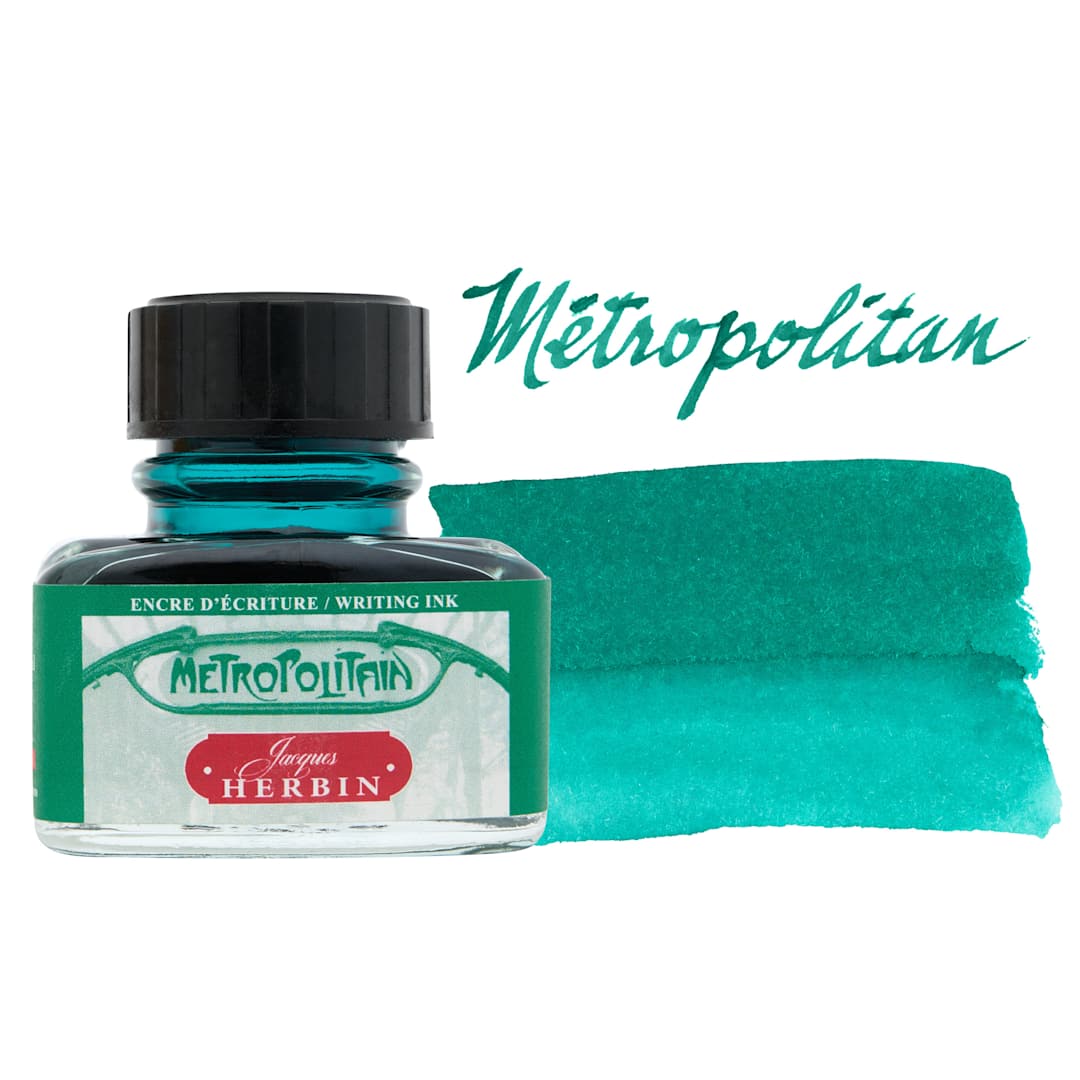 Open in modal - Herbin Paris Collection Fountain Pen Ink - Métropolitan (Green), 30 ml bottle with swatch
