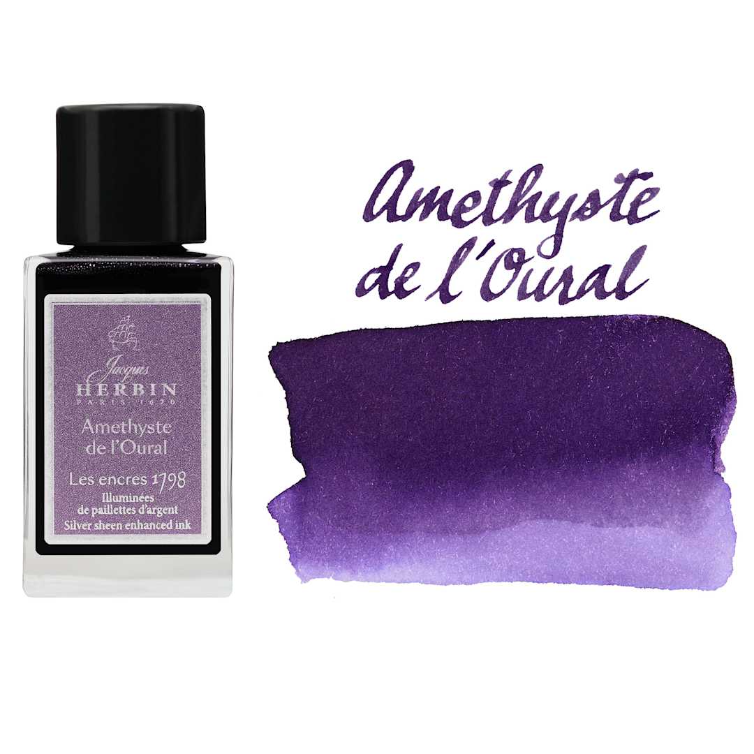 Open in modal - Herbin 1798 Anniversary Collection Fountain Pen Ink - Amethyste de l'Oural, 15 ml bottle with swatch