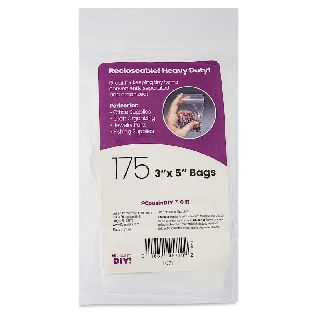 Open in modal - Cousin DIY Bagettes Heavy-Duty Resealable Bags - Pkg of 175, Clear, 3" x 5" - front of packaging