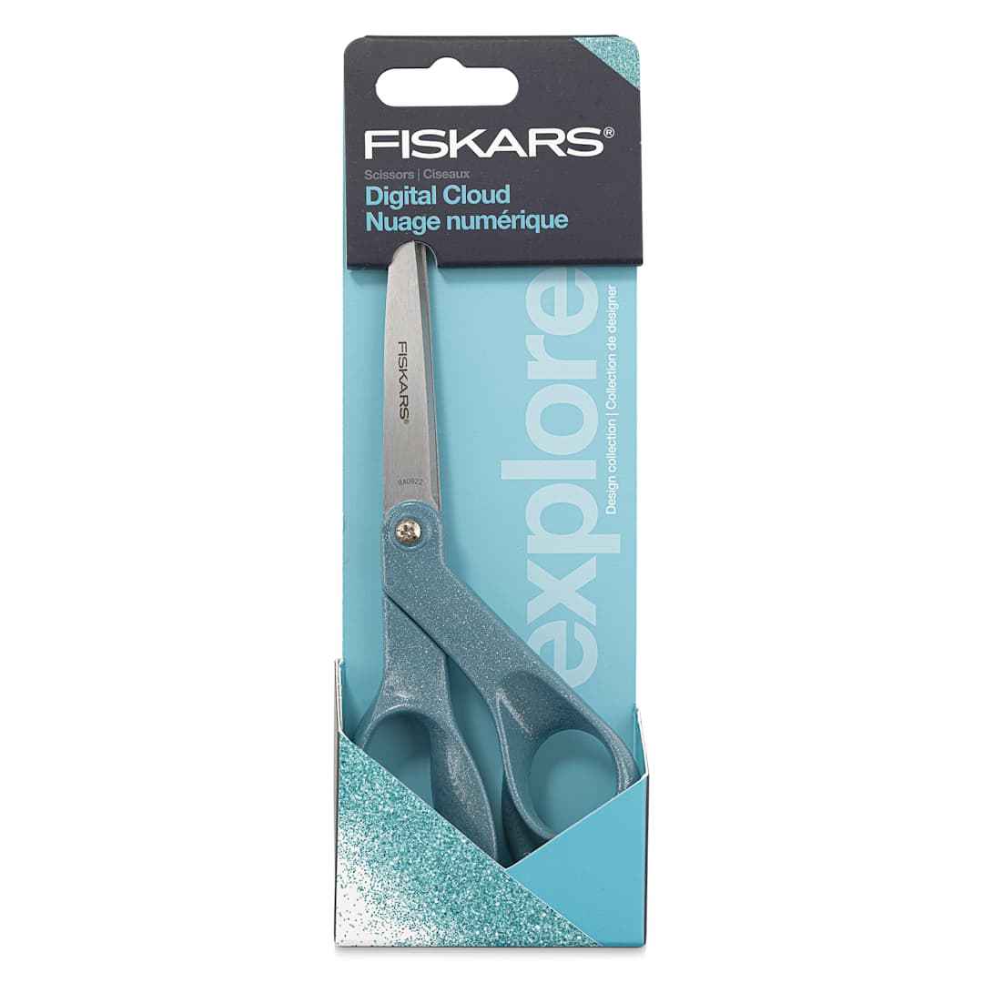 Open in modal - Fiskars Explore Collection Glitter Scissors - Digital Cloud, 8" - front of packaging