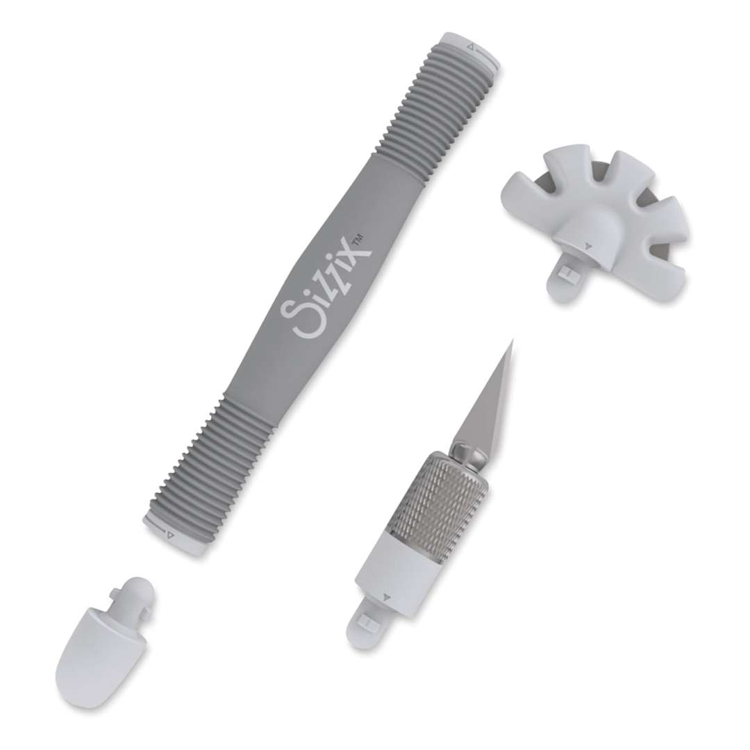 Open in modal - Sizzix Multi-Tool Starter Kit (Handle, Closing Cap, Distressing Blade, Craft Knife Head out of packaging)