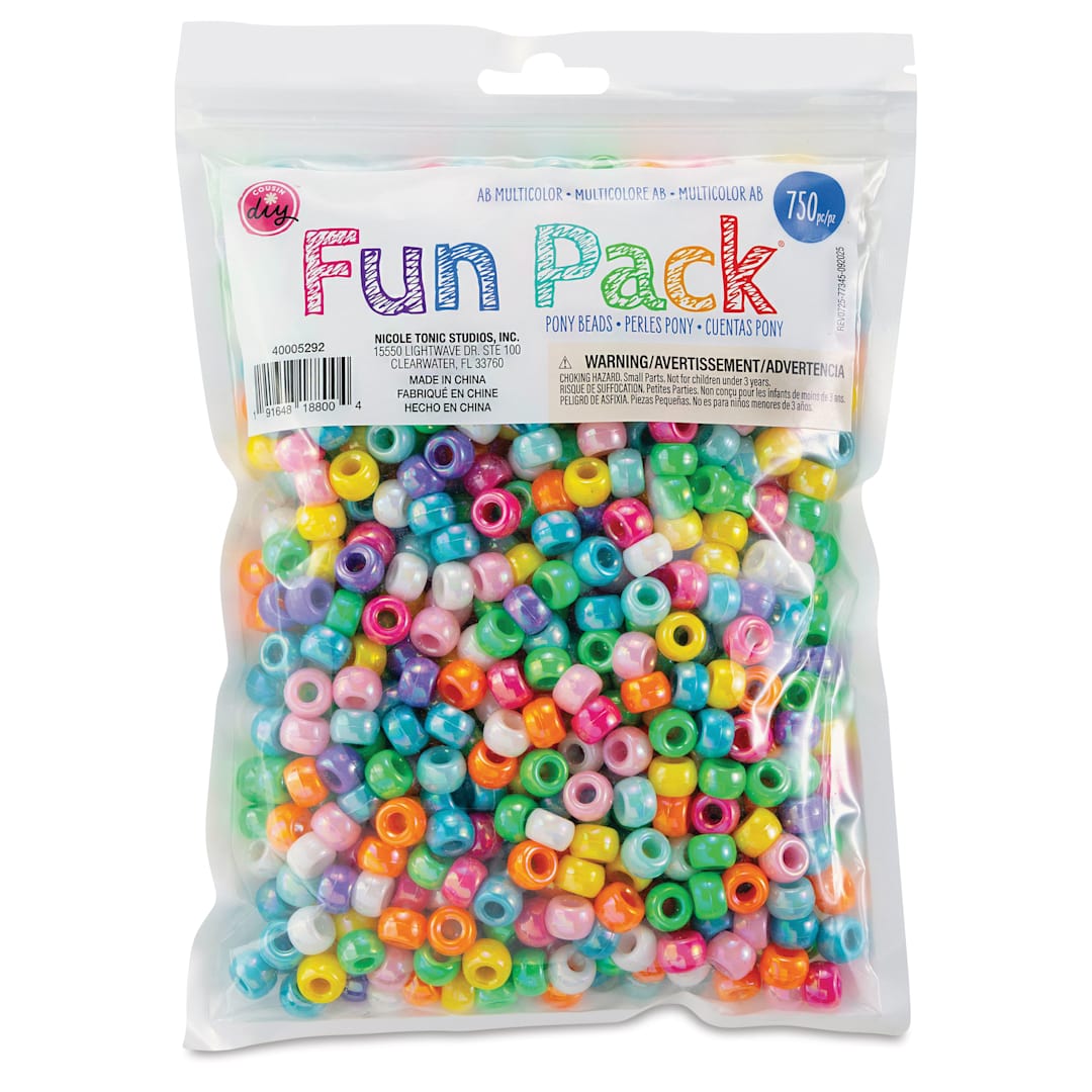 Open in modal - Cousin DIY Fun Pack Pony Beads - Pkg of 750, AB Multicolor, 6 mm x 9 mm front of packaging