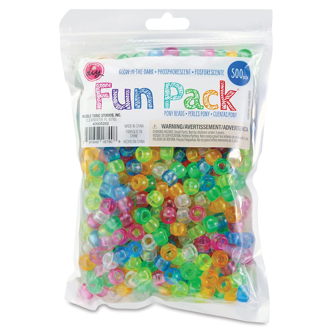 Open in modal - Cousin DIY Fun Pack Pony Beads - Pkg of 500, Glow In The Dark, 6 mm x 9 mm front of packaging