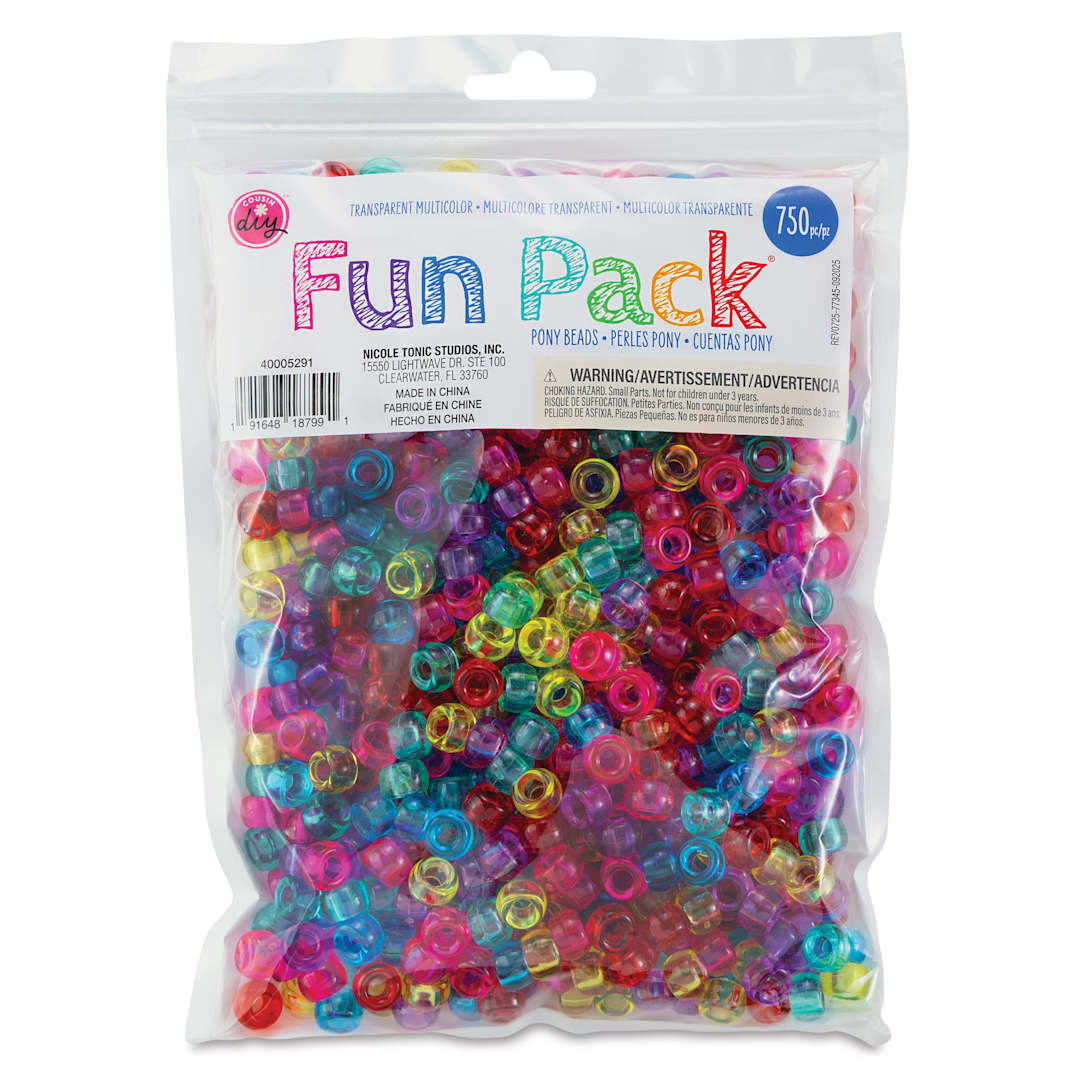 Open in modal - Cousin DIY Fun Pack Pony Beads - Pkg of 750, Transparent Multicolor, 6 mm x 9 mm front of packaging