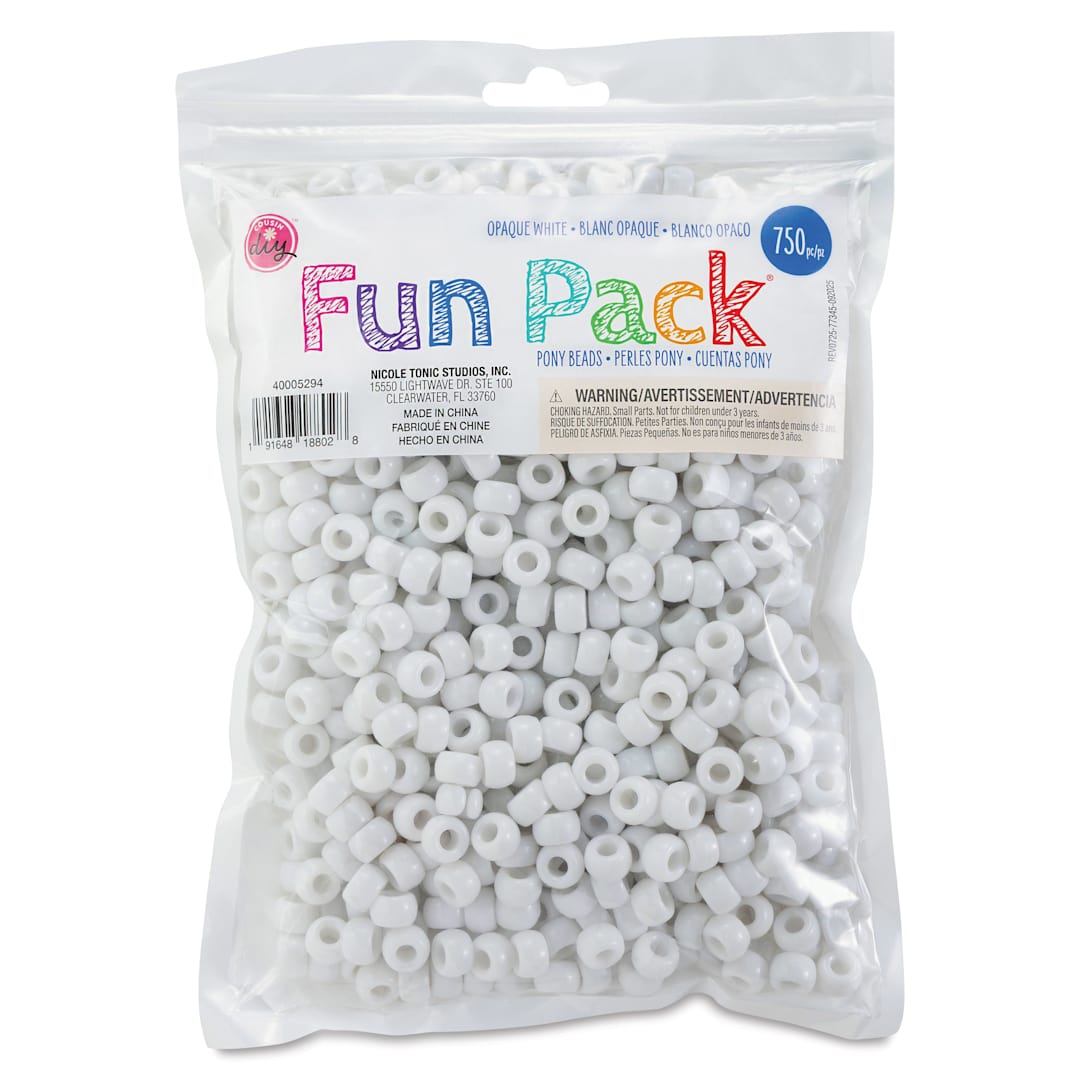 Open in modal - Cousin DIY Fun Pack Pony Beads - Pkg of 750, White, 6 mm x 9 mm front of packaging