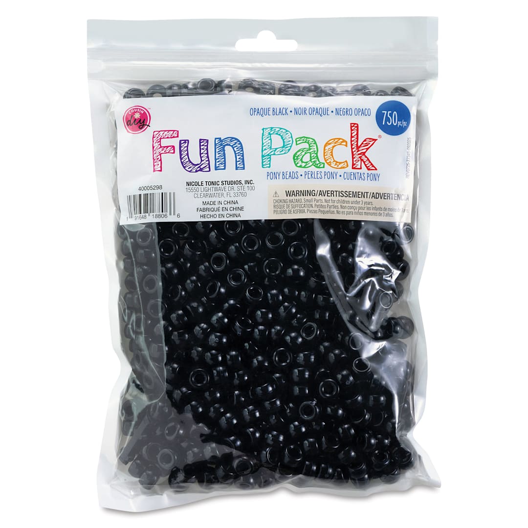 Open in modal - Cousin DIY Fun Pack Pony Beads - Pkg of 750, Black, 6 mm x 9 mm front of packaging