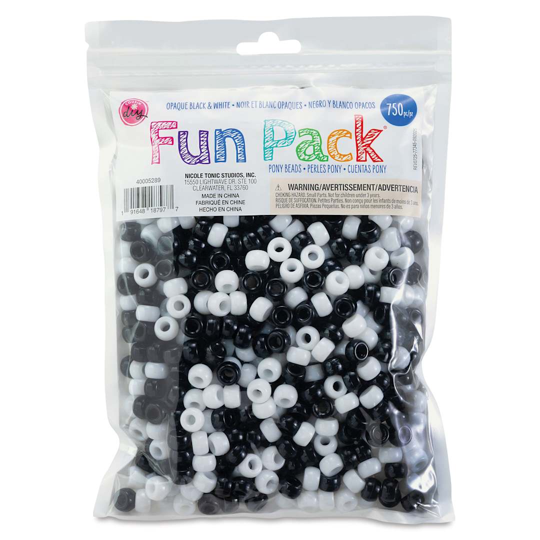 Open in modal - Cousin DIY Fun Pack Pony Beads - Pkg of 750, Black and White, 6 mm x 9 mm front of packaging