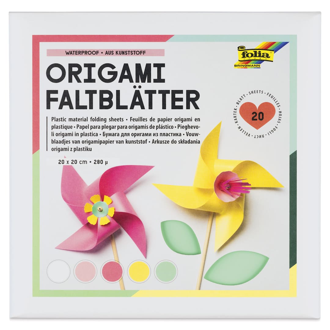 Open in modal - Folia Plastic Origami Folding Sheets - Pkg of 20, 5 Assorted Colors, 20 cm x 20 cm front of packaging