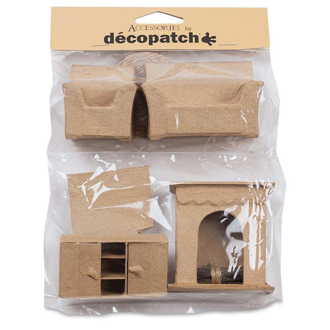 Open in modal - Decopatch Paper Mache Doll House Furniture Accessory Kit - Living Room front of packaging