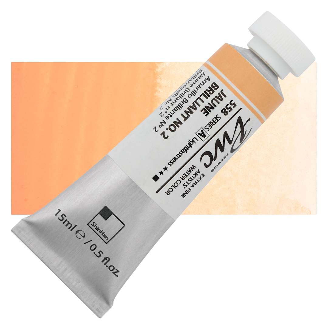 Open in modal - PWC Extra Fine Professional Watercolor - Jaune Brilliant 2, 15 ml, Tube and swatch