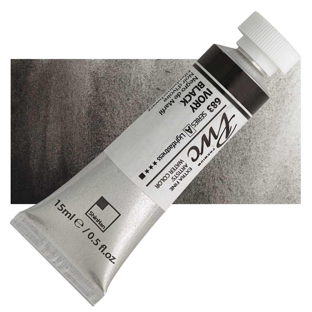 Open in modal - PWC Extra Fine Professional Watercolor - Ivory Black, 15 ml, Tube and swatch