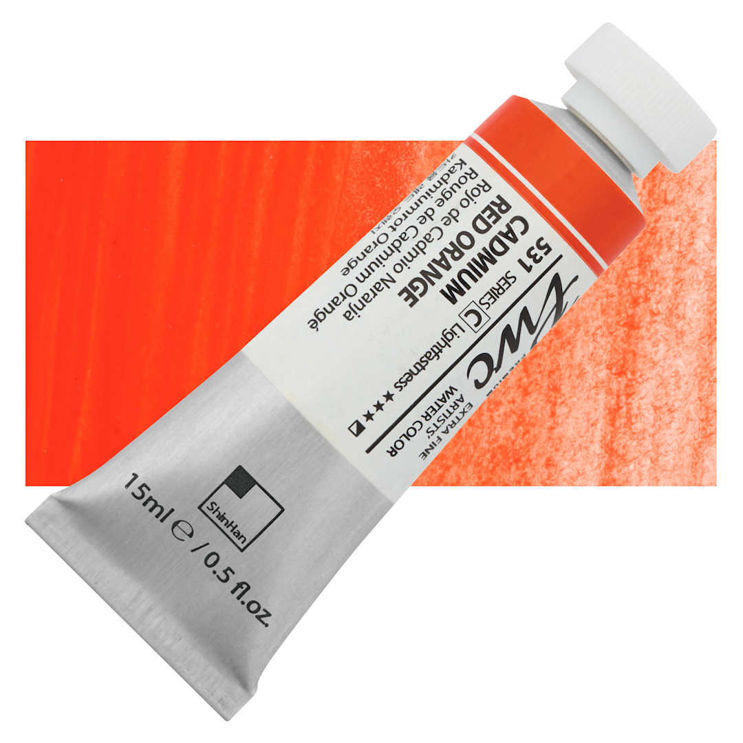 Open in modal - PWC Extra Fine Professional Watercolor - Cadmium Red Orange, 15 ml, Tube and swatch