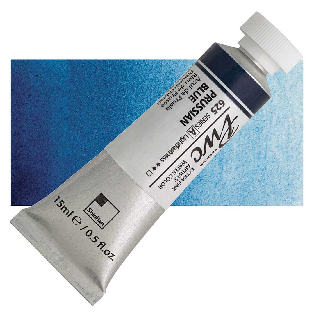 Open in modal - PWC Extra Fine Professional Watercolor - Prussian Blue, 15 ml, Tube and swatch