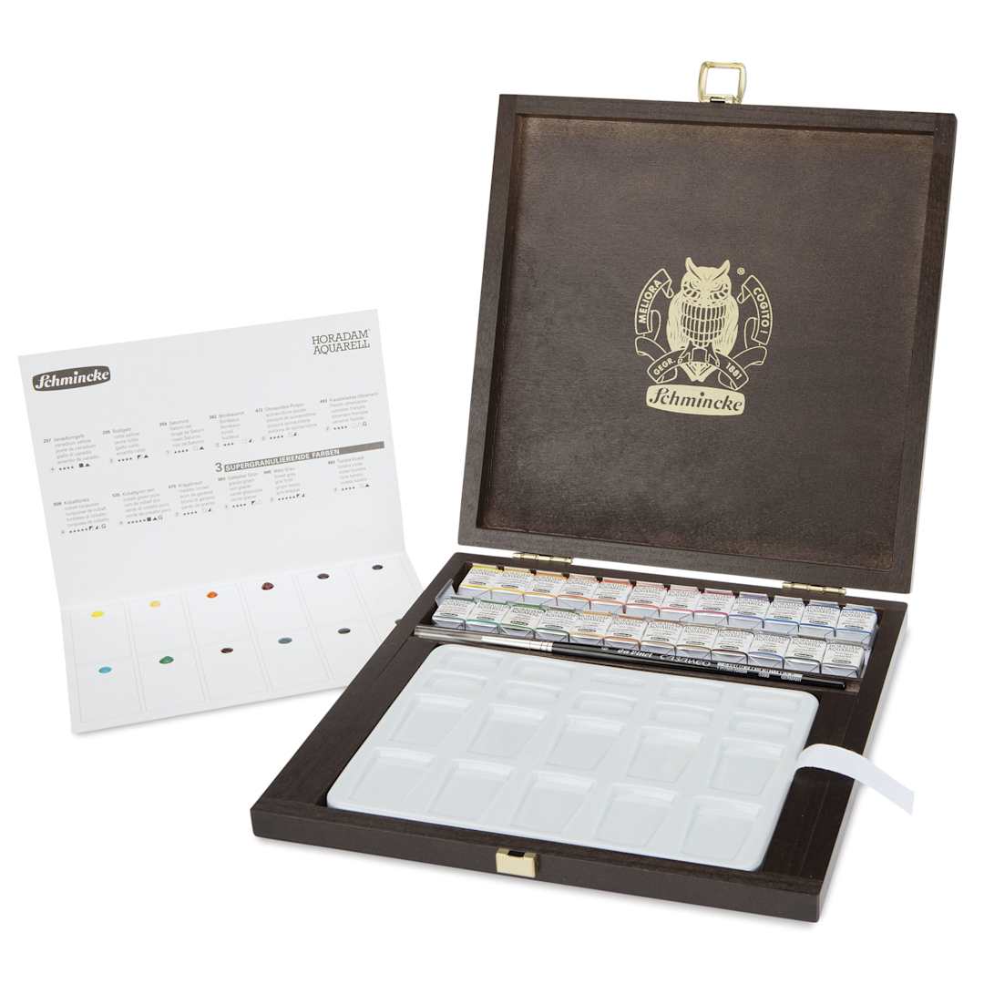 Open in modal - Schmincke Horadam Aquarell Watercolor Pans - Assorted Colors, Set of 24, Wood Case open