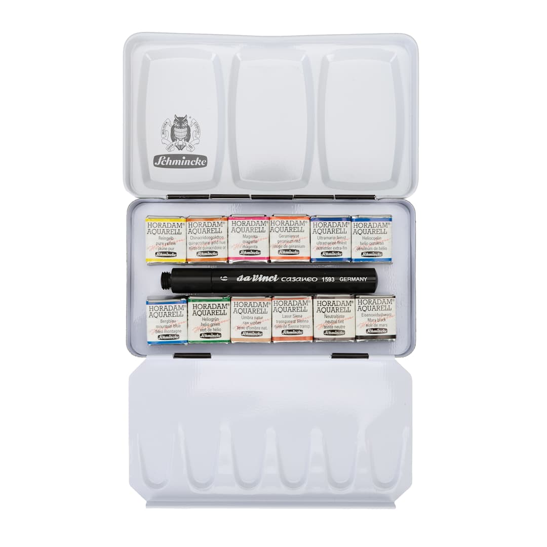 Open in modal - Schmincke Horadam Aquarell Watercolor Pans - Set of 12 with Brush, Wanderlust, Half Pans, open