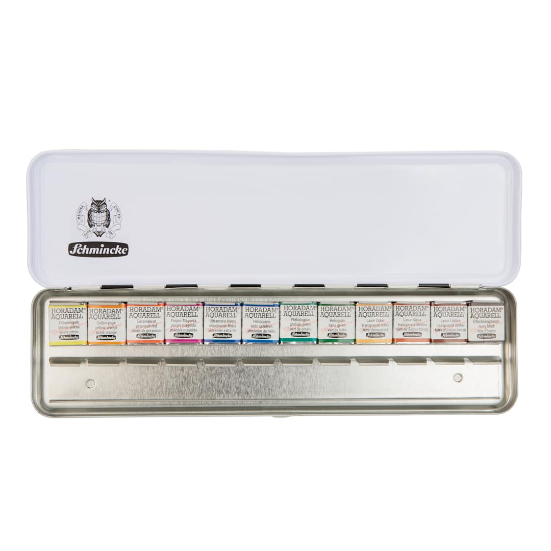Open in modal - Schmincke Horadam Aquarell Watercolor Pans - Set of 12, Slimline Edition, Assorted, Half Pans