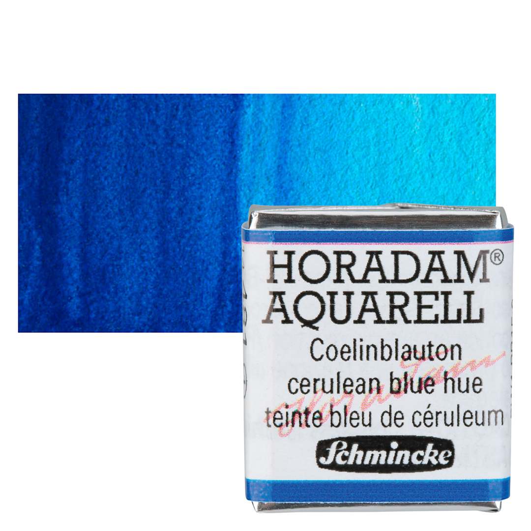 Open in modal - Schmincke Horadam Aquarell Artist Watercolor - Cerulean Blue Hue, Half Pan and swatch