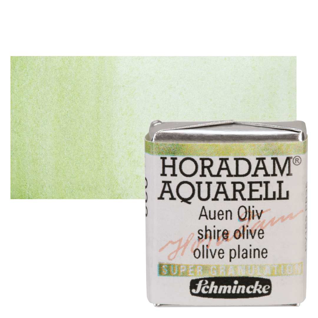Open in modal - Schmincke Horadam Aquarell Artist Watercolor - Shire Olive, Supergranulation, Half Pan and swatch
