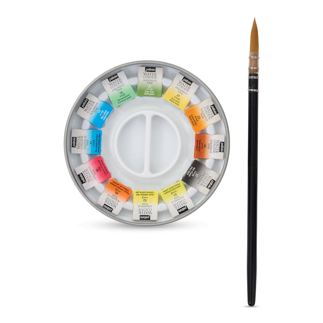 Open in modal - Pebeo Fine Watercolor Half Pan Set -  Set of 12, Round Metal Box with Brush (Brush next to set)