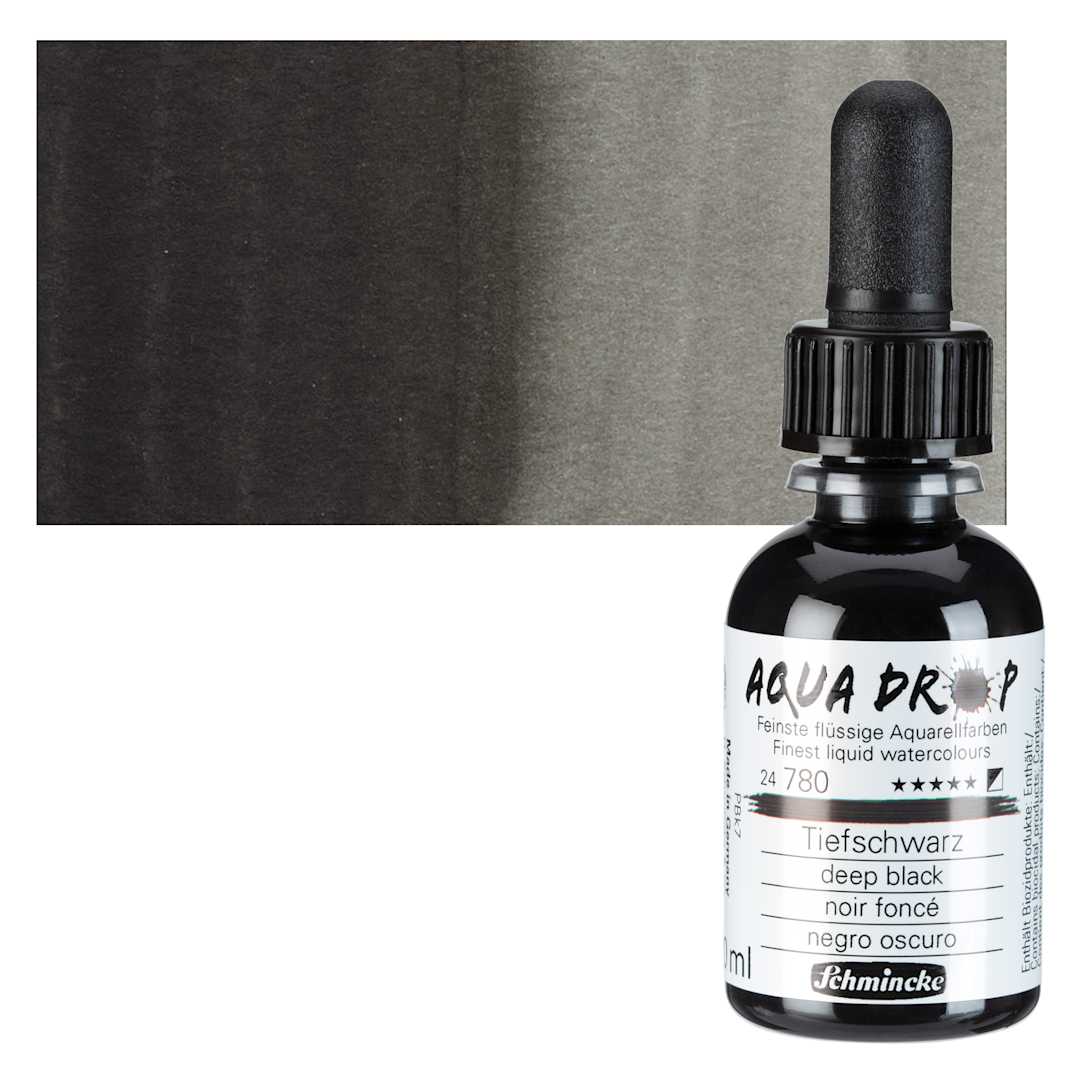 Open in modal - Schmincke Aqua Drop Watercolor - Deep Black, 30 ml bottle and swatch