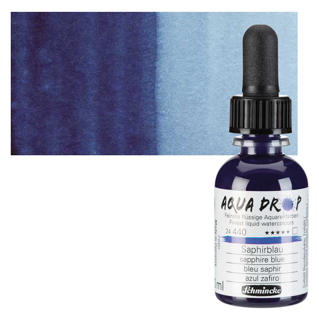 Open in modal - Schmincke Aqua Drop Watercolor - Sapphire Blue, 30 ml bottle and swatch