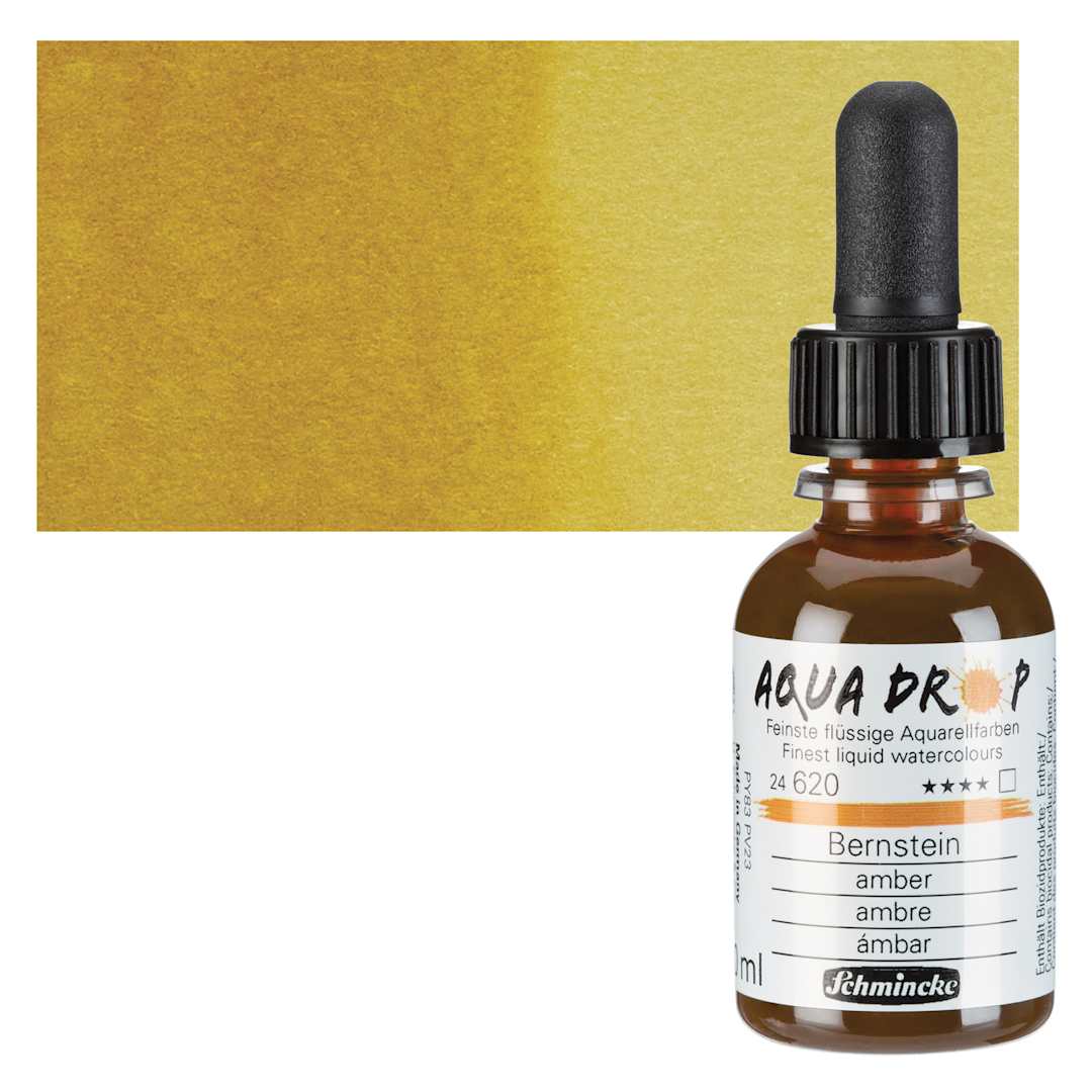 Open in modal - Schmincke Aqua Drop Watercolor - Amber, 30 ml bottle and swatch