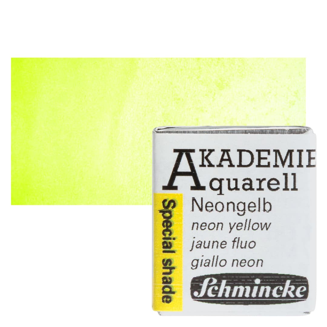 Open in modal - Schmincke Akademie Aquarell Watercolor Pan - Neon Yellow, Half Pan and swatch