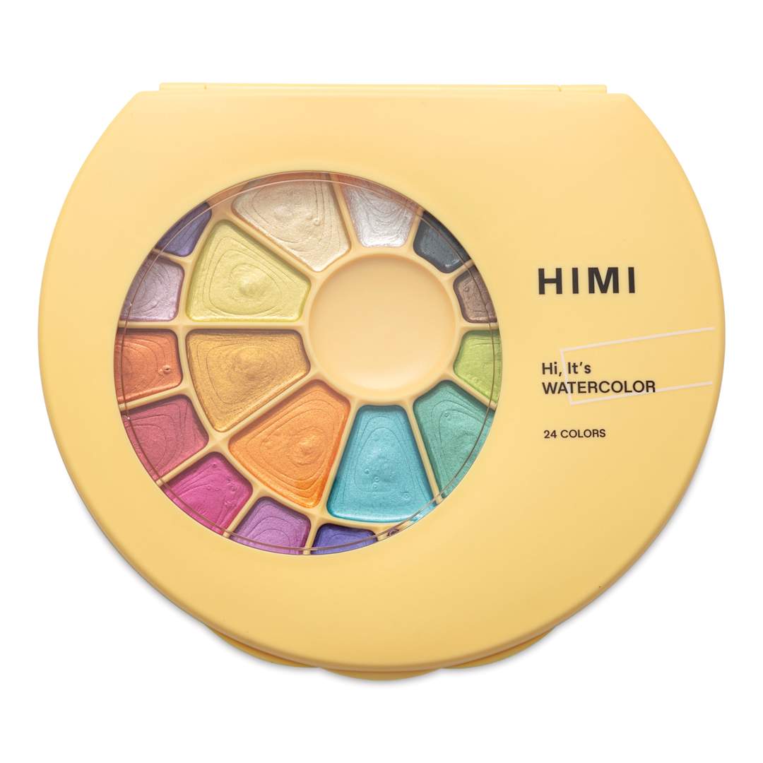 Open in modal - Himi Semi-Moist Watercolor Paint Pan - Set of 24, Metallic Colors, front of tin