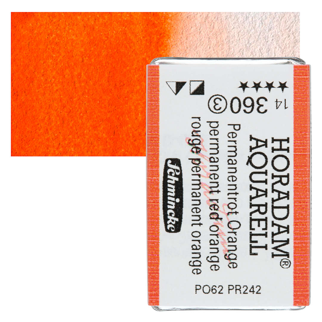 Open in modal - Schmincke Horadam Aquarell Watercolor - Permanent Red Orange, Full Pan and swatch