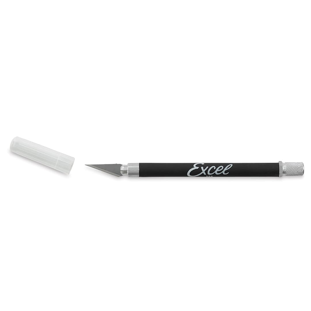 Open in modal - Excel Blades K18 Cushion Grip Knife - Black Knife shown horizontally and uncapped