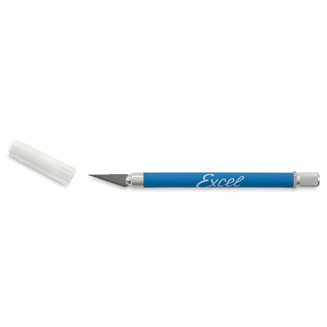 Open in modal - Excel Blades K18 Cushion Grip Knife - Blue Knife shown horizontally and uncapped