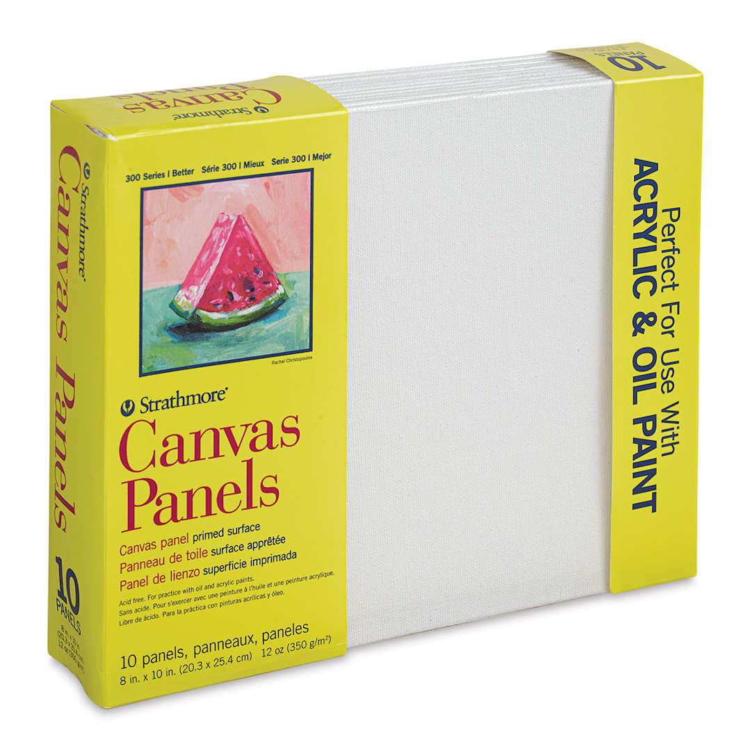 Open in modal - Strathmore 300 Series Cotton Canvas Panel Pack - 8" x 10", Package of 10 (Front of packaging, Angled view)
