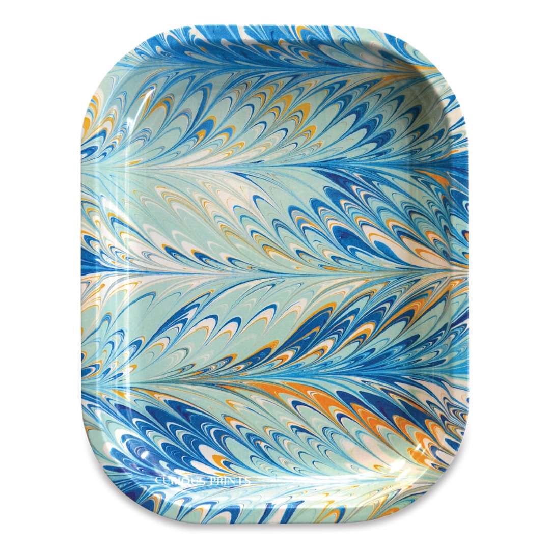 Open in modal - Curious Prints Vintage Metal Tray - 5" x 7", Marbled Pastel Blue, front