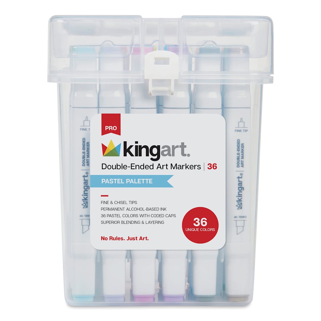 Open in modal - Kingart Pro Double-Ended Art Alcohol Markers - Pastel Palette, Set of 36 - front of packaging