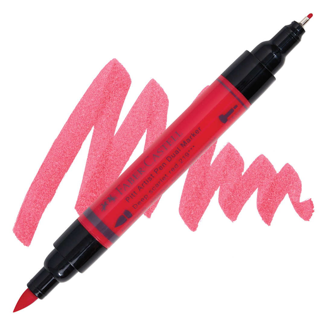 Open in modal - Faber-Castell Pitt Artist Pen Dual Tip Marker - Deep Scarlet Red 119 marker and swatch