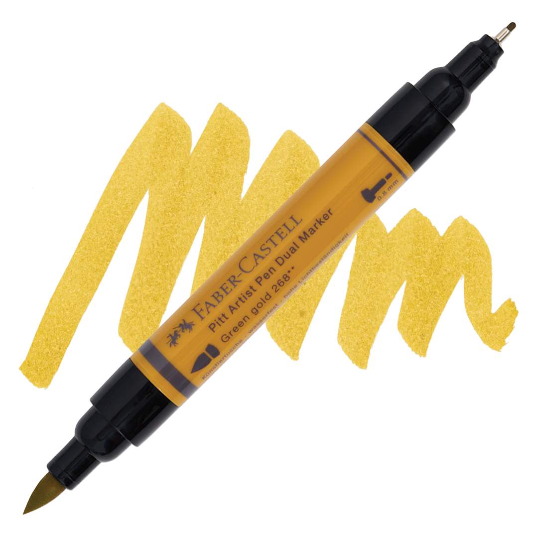 Open in modal - Faber-Castell Pitt Artist Pen Dual Tip Marker - Green Gold 268, marker and swatch