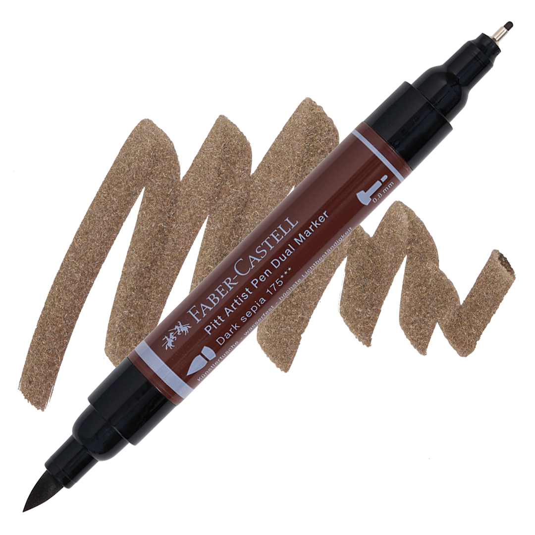 Open in modal - Faber-Castell Pitt Artist Pen Dual Tip Marker - Dark Sepia 175 marker and swatch