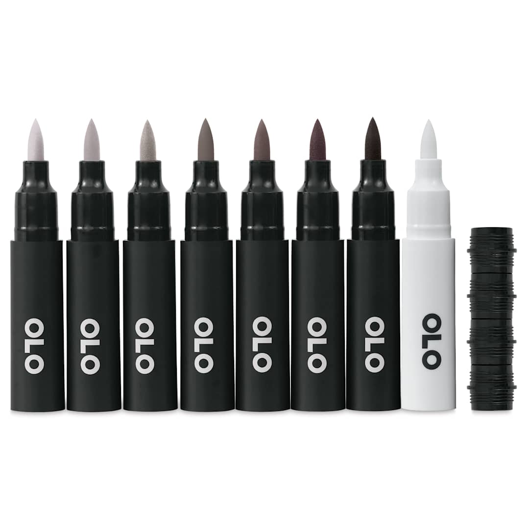Open in modal - Olo Brush Dual-Tip Markers - Set of 8, Red Gray, caps off