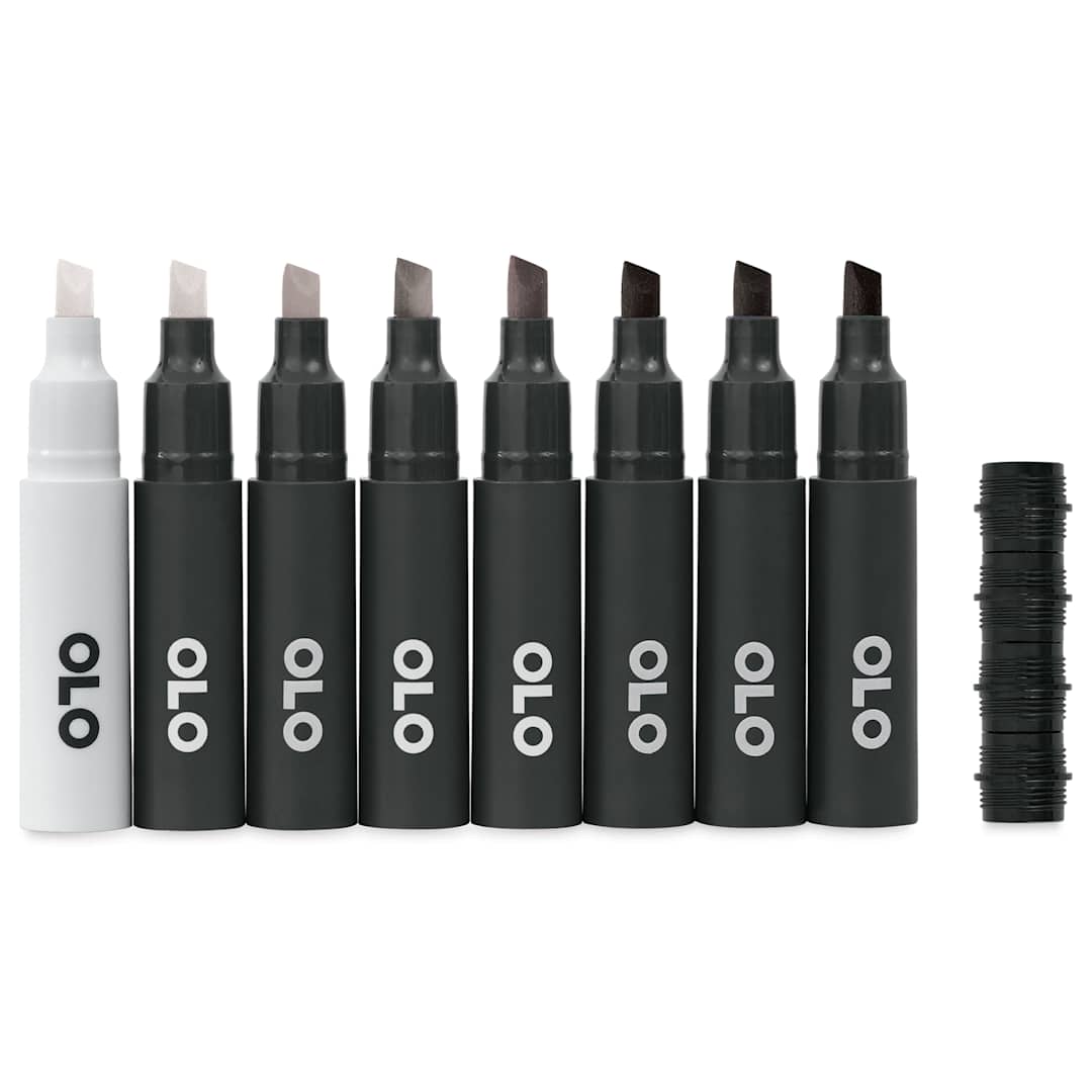 Open in modal - Olo Chisel Dual-Tip Markers - Set of 8, Red Gray, caps off