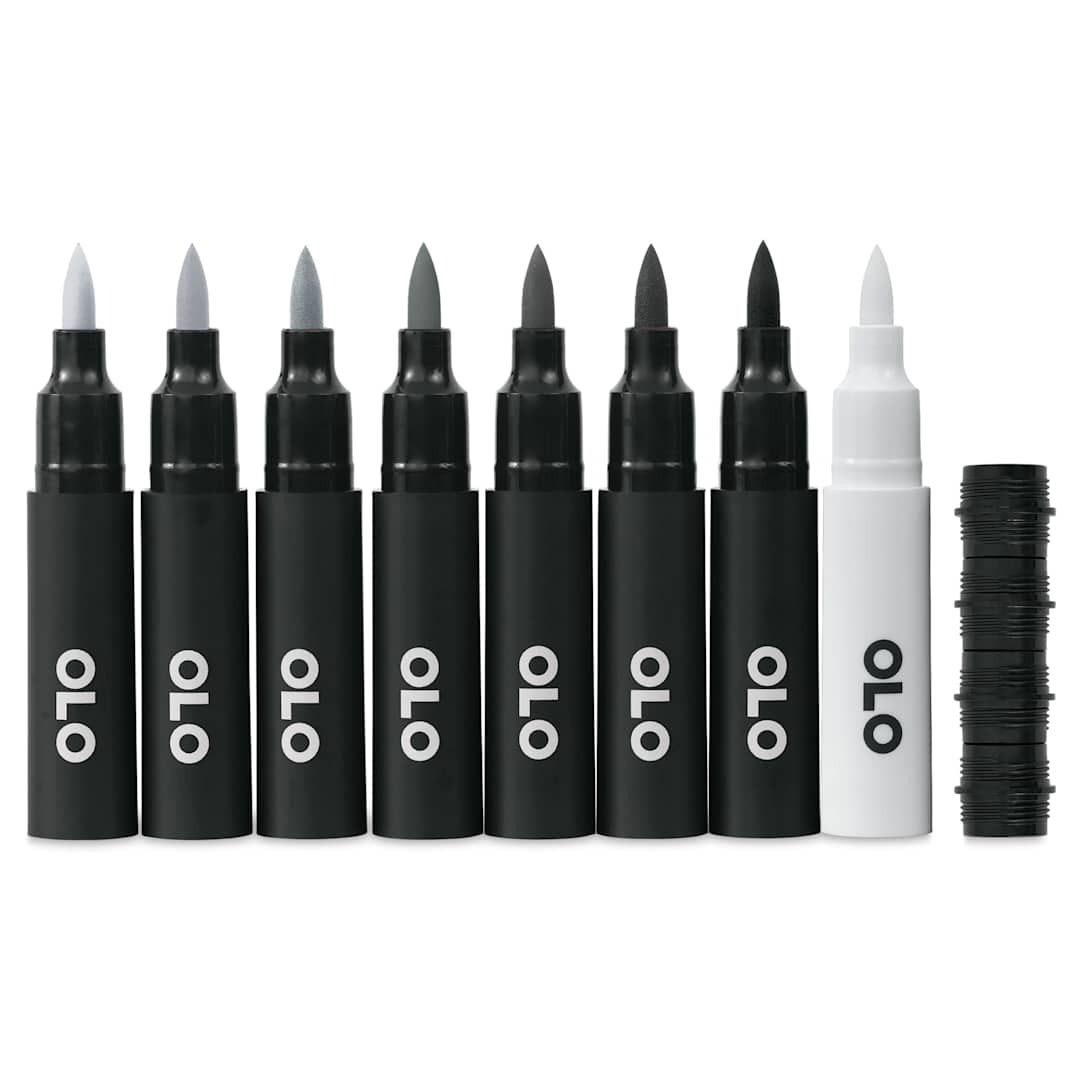 Open in modal - Olo Brush Dual-Tip Markers - Set of 8, Neutral Gray, caps off