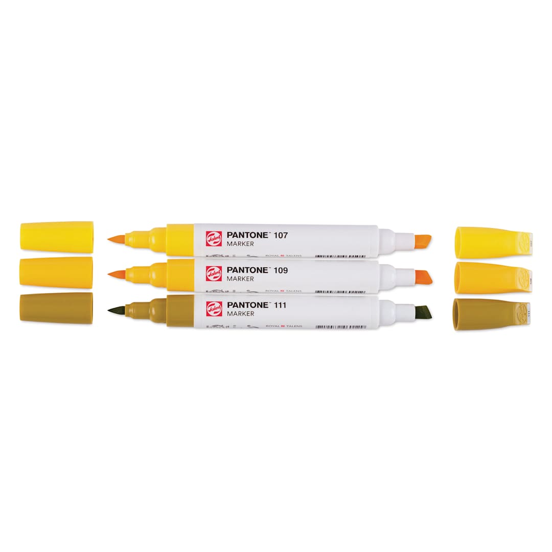 Open in modal - Pantone Dual Tip Markers - Yellow, Set of 3, markers laid out with caps off