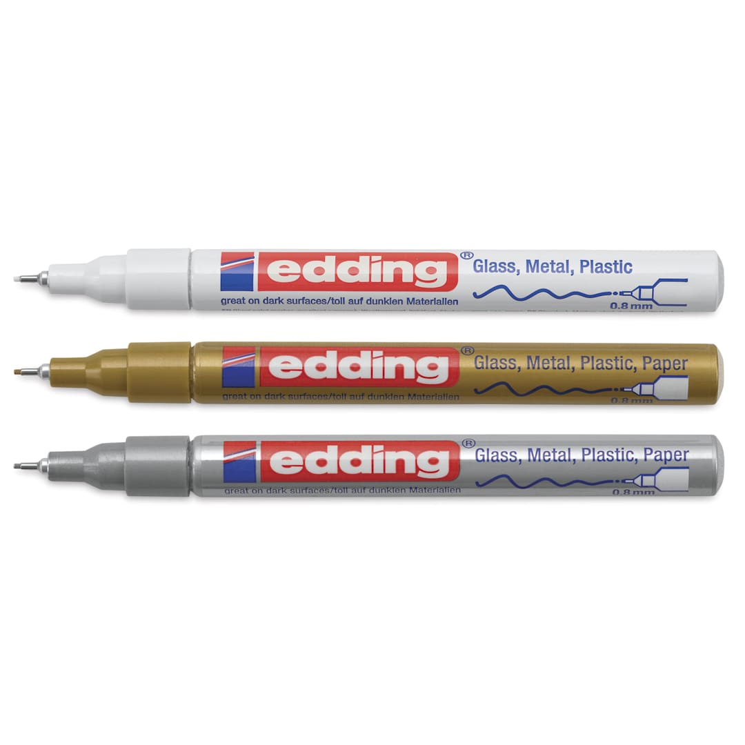Open in modal - Edding Gloss Paint Markers - Metallic Colors, Set of 3, Round Nib, 0.8 mm, laid out with caps off