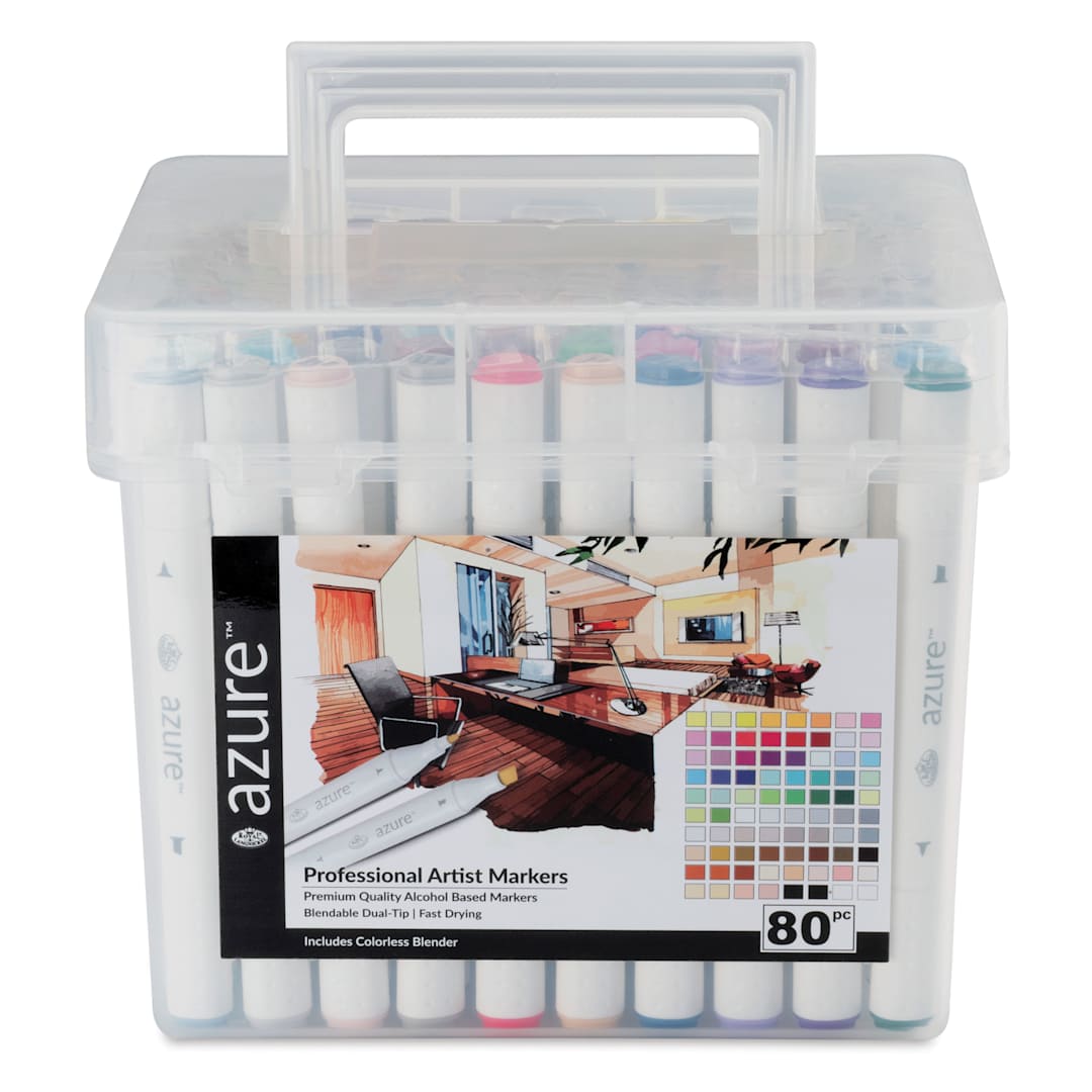 Open in modal - Royal & Langnickel Azure Dual Tip Markers - Set of 80, front of the carrying case