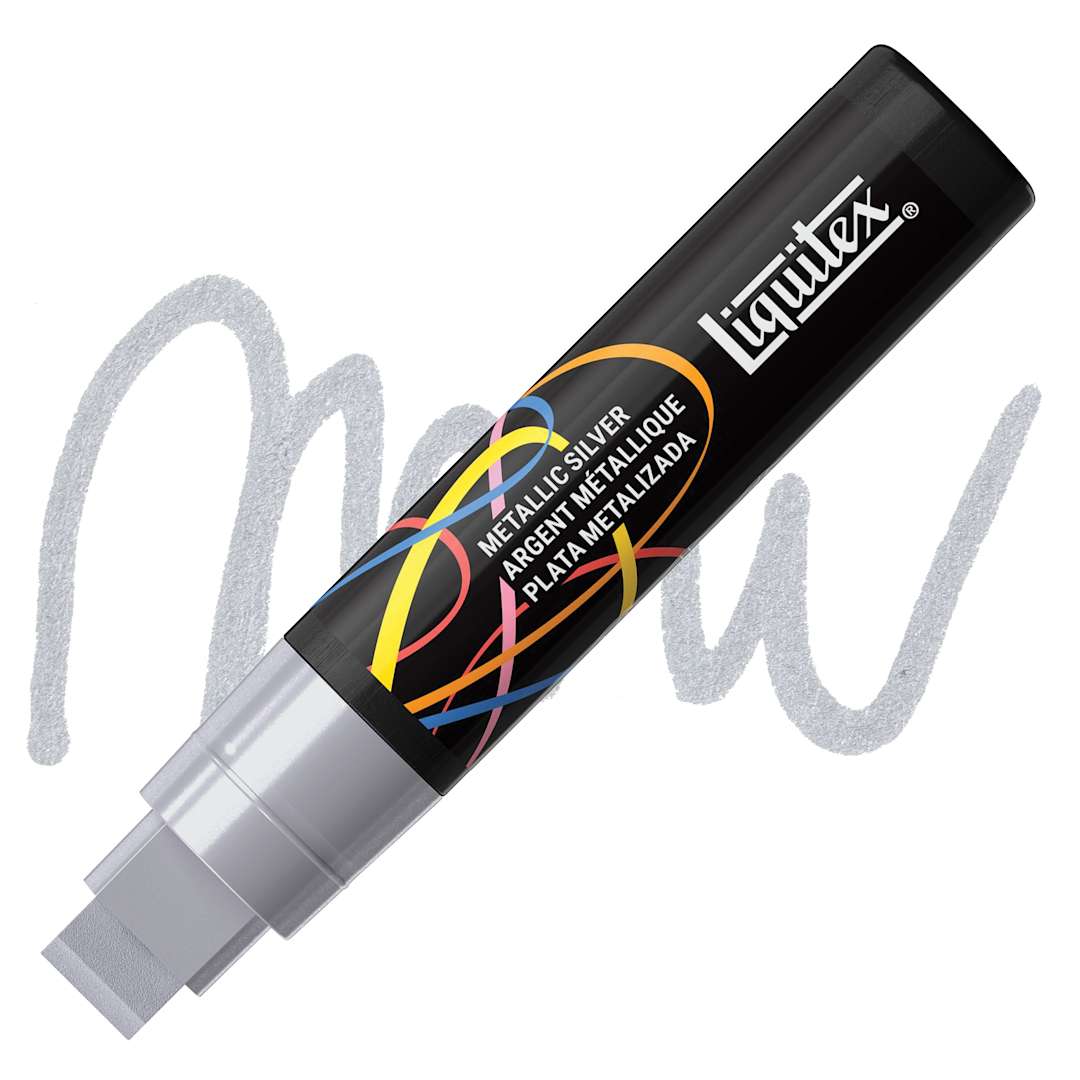 Open in modal - Liquitex Marker - Metallic Silver, Chisel Tip, 15 mm marker with swatch