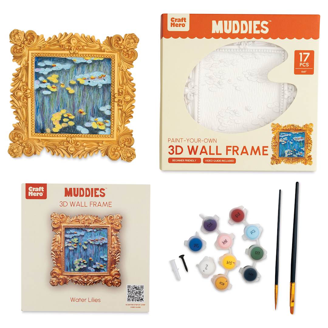 Open in modal - Craft Hero Muddies 3D Wall Frame Painting Kit - Water Lilies, contents and finished piece