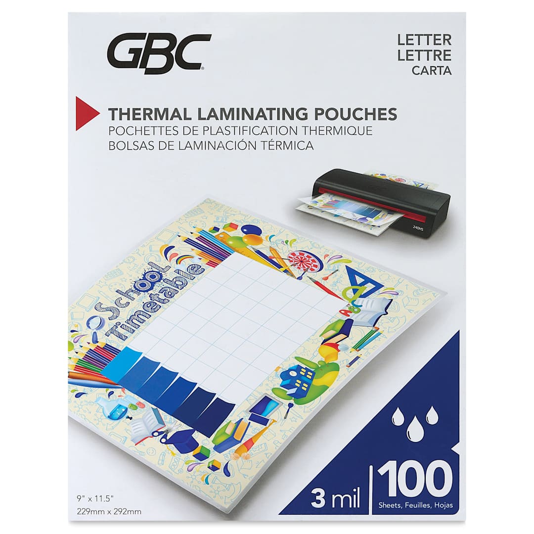 Open in modal - GBC Thermal Laminating Pouches - Pkg of 100, 3 ml, 9" x 11.5" front of packaging